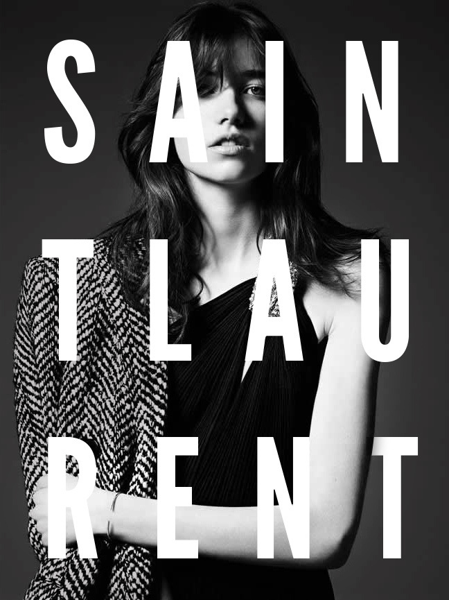 League Gothic in use. Grace Hartzel shot by Heidi Slimane. #ysl #white #typography #gothic #black #saint #and #condensed #type #laurent #fashion