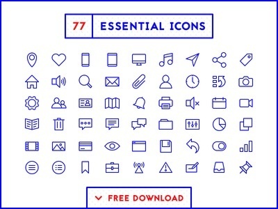 77 Essential Icons in a minimal, outline style. A cohesive set of pixel-perfect, consistent and hand crafted icons. Now available for FREE d