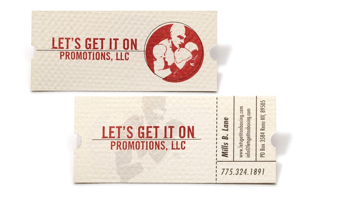 Let's Get it On Promotions, llc.
Boxing promotion company started by the sons of the legend, Mills Lane who started every fight with "Let's get it on." Business cards are designed and die-cut to look like nostalgic boxing tickets.