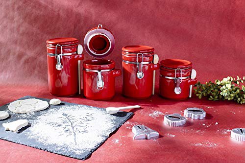 Home Basics 4 Piece Ceramic Spoon Airtight Set, Food Storage Container for Kitchen Counter, Sugar, Coffee, Canister, Red