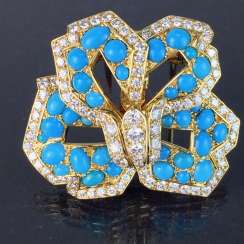 Cartier: a Sensational brooch with over 100 brilliant-cut diamonds, 35 turquoise, in yellow gold 750. Custom-made single stylized flower.