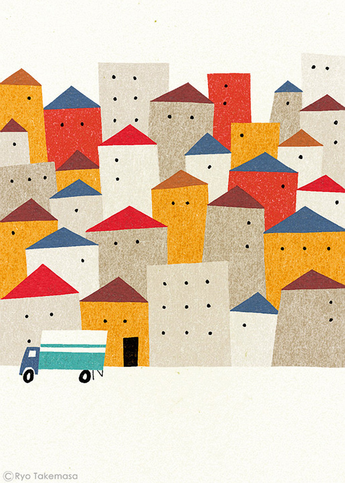 Moving #car #poster #illustration #houses #town