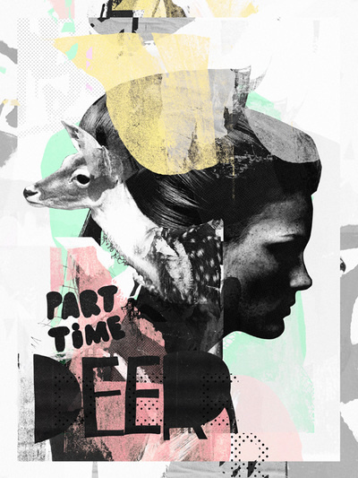Raphael Vicenzi, collage, female, deer, color, black and white, shape