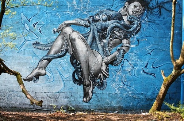 Woman with octopus in real graffiti street art #graffiti #artgraffiti #realism #street #art #realistic