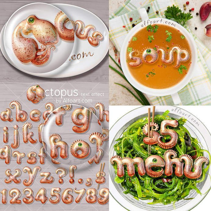 Learn how to create 3d octopus text effect. This Adobe Photoshop tutorial teaches how to apply octopus skin texture and light reflections to #font #text #letters #file #menu #psd #effect #food #restaurant #octopus #sea #seafood #animal #alphabet #tentacles #dishes #3d