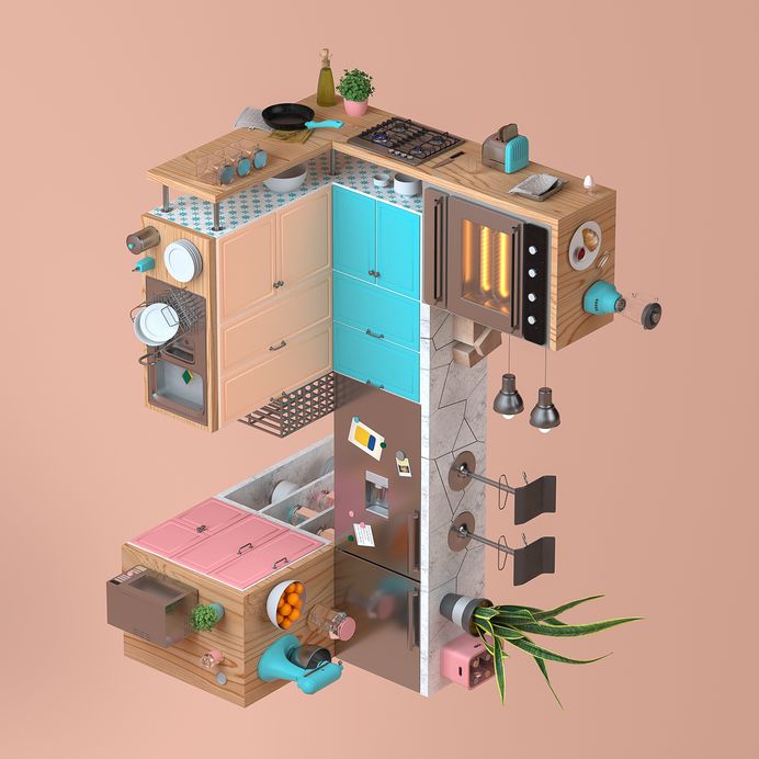 RUBIK Kitchen #3D #interior #rubik #pov #architecture #perspective #kichen #pink #orange