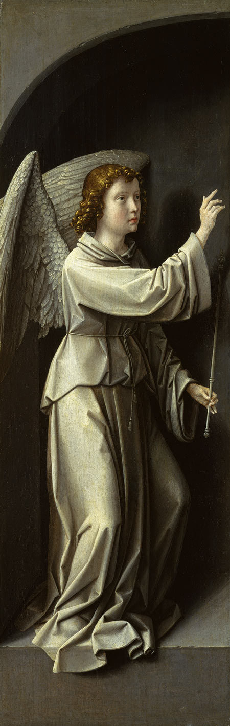 Gerard David: Christ Carrying the Cross, with the Crucifixion; The Resurrection, with the Pilgrims of Emmaus (triptych wings) and Archangel #painting