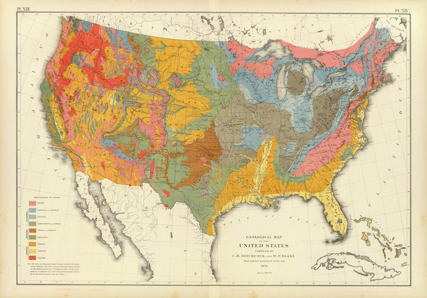 Geological map of the United States of America - 1874 #old #geology #classic #map #vintage #topography