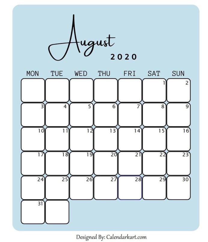 Cute August Calendar 2020 Light Blue