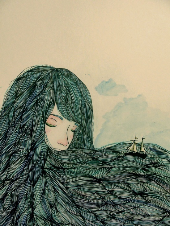 Valentina Contreras #ocean #fantasy #woman #hair #illustration #ship #boat