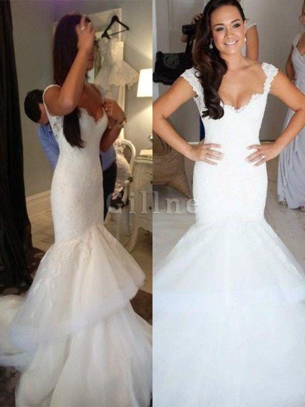 Abito da Sposa Sirena in Organza Senza Maniche Largo Bretelle Naturale