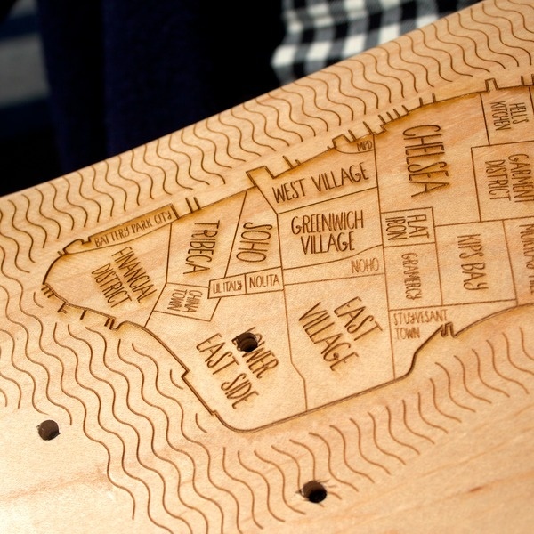 Manhattan skate deck #engraved #lettering #neighborhood #map #laser #wood #rad #skateboard #typography