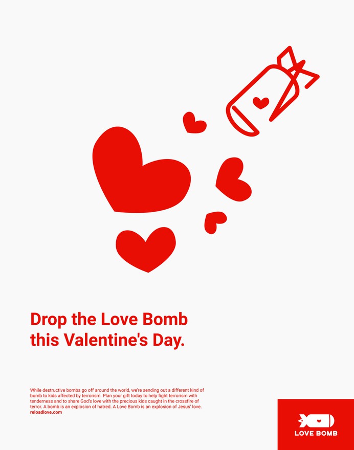 Poster, air bomb. For Love Bomb—a fundraiser (hosted by Reload Love) that helps kids affected by terrorism around the world | Brand identity, event design, logo and illustration by Brittany Byrne | Copywriting by Francesca Garcia | Color, kids, playground, love + Valentine's Day