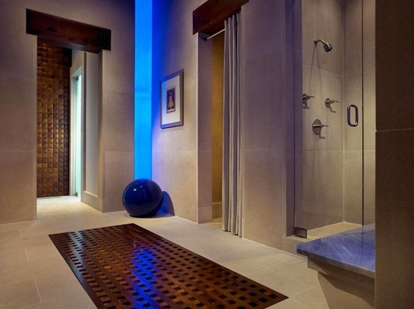 Blue lighting in bathroom corridor #interior #house #artistic #decor #art #paintings #residence