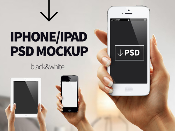 Black and White iPhone/iPad Free PSD MOCKUP
