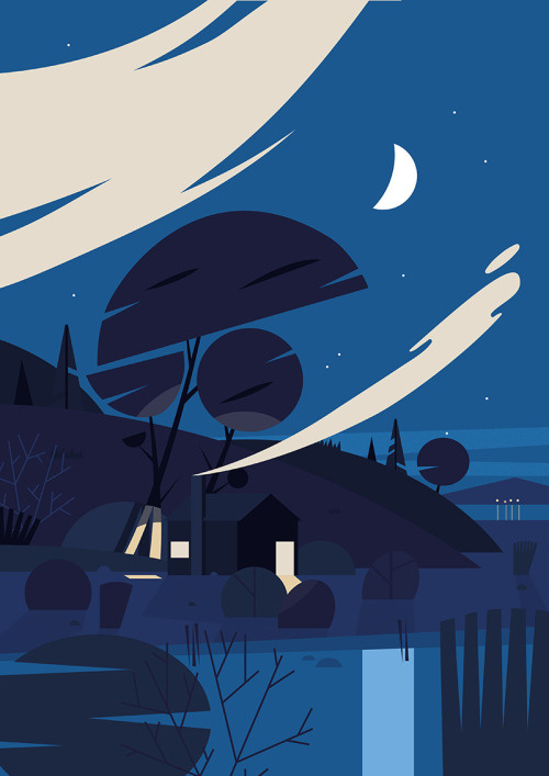 Night Sky #illustration #nature #blue #clouds #cabin #woods