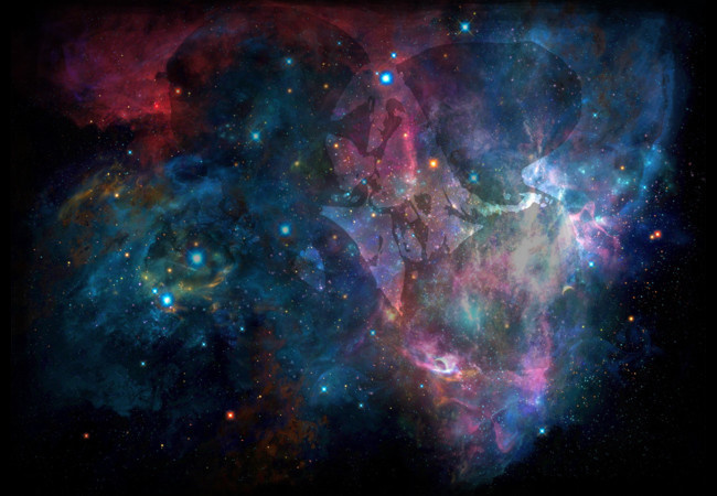 two silhouettes kissing in space.