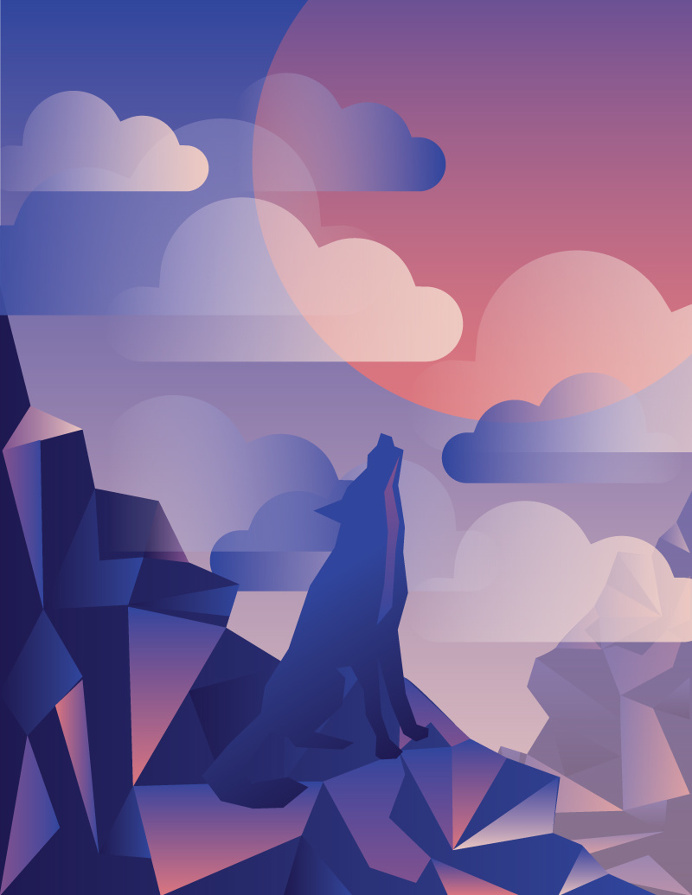 layout design, modern art, moon, vector art, illustration, book art, wolf, wolf and maiden, fairytale, legend, storybook, storybook art, mag