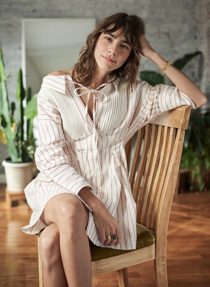 Mari, pictured here wearing a top by Jacquemus, hopes to eventually grow her business to a size that would allow her to donate a percentage of her profits to women’s rights organizations.
