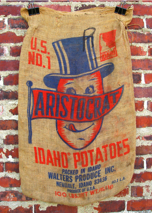 Typeverything.com Â VintageÂ AristocratÂ brand potato sack from Walters Produce Inc., Newdale, Idaho.(ViaÂ PopKulture) #screenprint #characters #typography