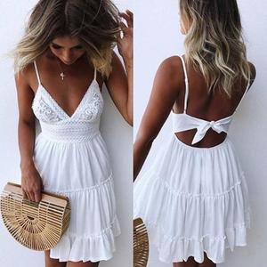 Necklace Chain for Women Summer Backless Mini Dress White Evening Party Beach Dresses Sundress Bikini - Fashiontage