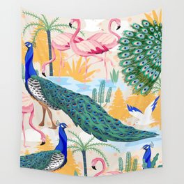 Utopia #wildlife #illustration Wall Tapestry #animal #peacock #flamingo #birds #drawing #fineart #digitalpainting #walltapestry