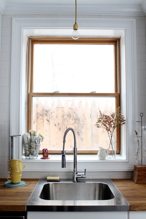The Pursuit Aesthetic #flat #water #fence #liv #washing #wood #kitchen #window #clock #bricks #tap #cup