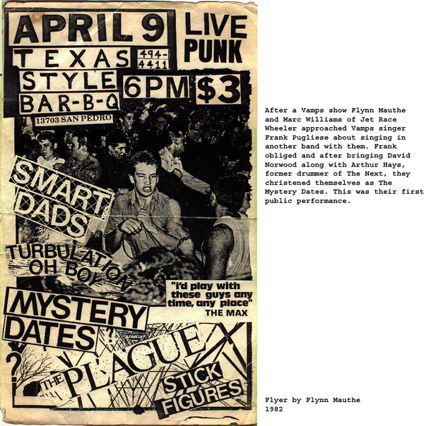 sanantonio_texas_punk_smartdads_turbulationohboy_mysterydates_plague_stickfigures_TXstyleBBQ_4 9 1982.jpg (1008×1016) #gig #poster