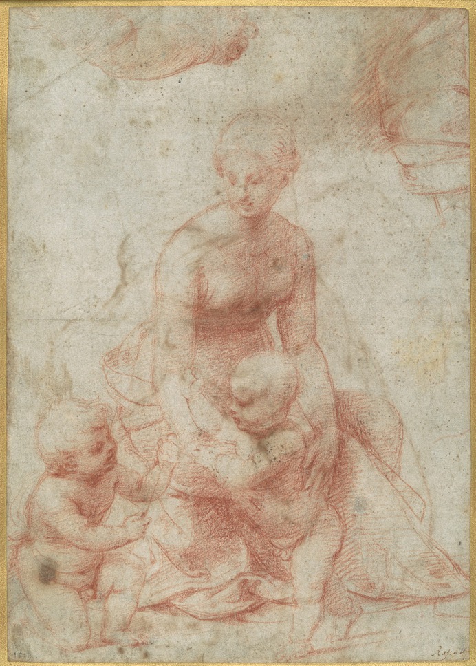 Raphael (Raffaello Sanzio or Santi) | Madonna and Child with the Infant Saint John the Baptist; upper left, Study for the Right Arm of the Infant Saint John; upper right, Study for Drapery (recto); Study of a Nude Male Figure (verso) | The Met