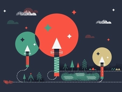 Dribbble - Fireworks by Martin #red #texture #night #illustration #fireworks #explode #blue #trees #green