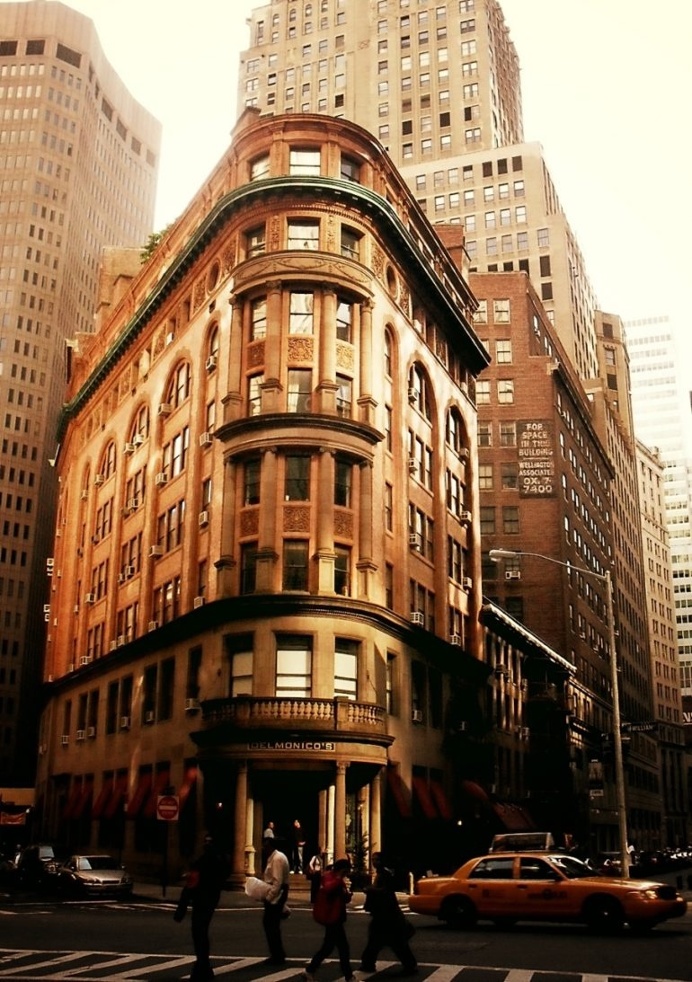 Delmonico's in a sliver of sunlight. Financial District, New York City.