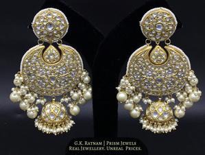 23k Gold and Diamond Polki Chand Bali Earring Pair with Jhumkas / Jhumkis - gold diamond polki kundan meena jadau jewellery