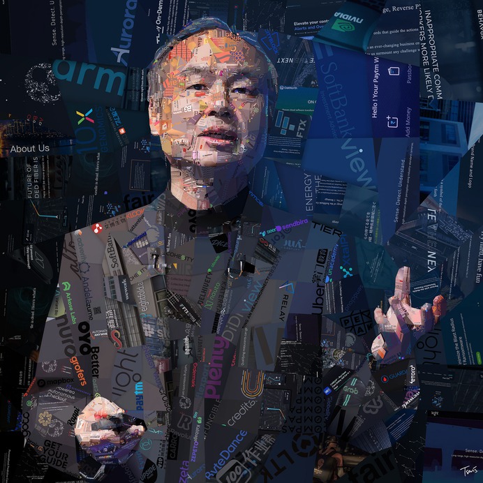 Custom Corporate Art for Softbank.
SoftBank Group Corp is a Japanese multinational investment holding company headquartered in Minato, Tokyo which focuses on investment management. I have been commissioned to create a series of portraits of their founder and CEO Mr. Masayoshi Son and Mr. Rajeev Misra , the CEO of SoftBank Investment Advisers. I have used several hundreds of logos from companies Softbank founded to create the 4 mosaic portraits. 