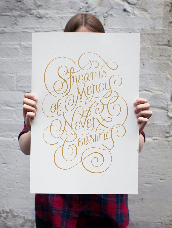 Bottlework Typography poster - Streams of Mercy. Gold screenprint