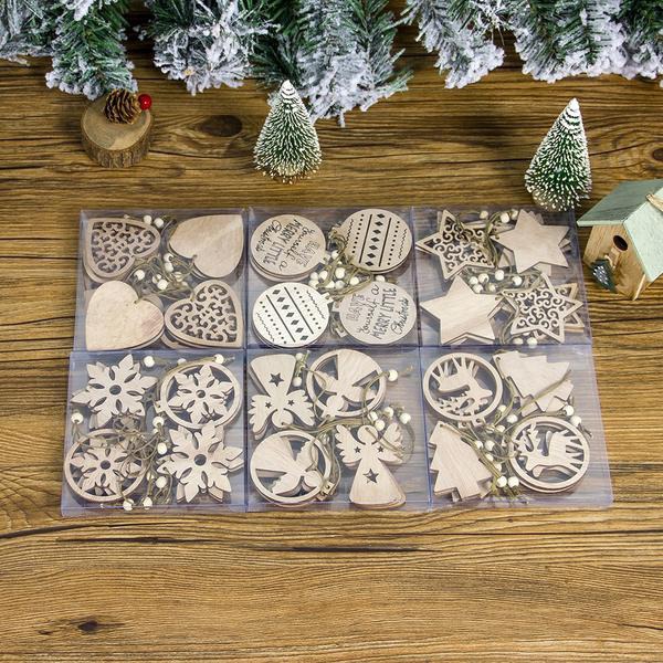 10pcs/pack Mix Wooden Christmas Decoration Ornament Hollow Snowflake Angel Star Christmas Tree Hanging Pendant Xmas Party Decor