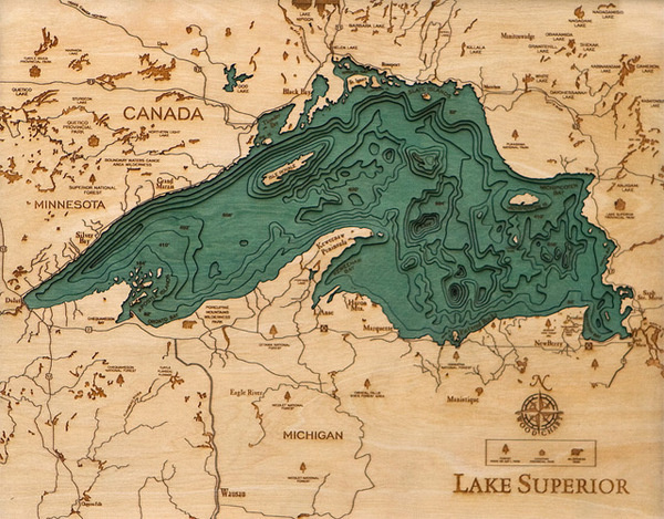 Explore the Underwater Topography of North American Lakes with these Laser-Cut Wood Maps by 'Below the Boat' #michigan #superior #map #topography #lake