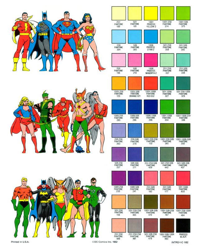 Superhero pantone references from the DC Comics style guide, 1982 #superhero #DC #comic