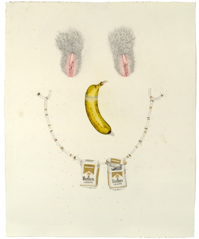 "Girls Night Out" pencil, colored pencil, acrylic, beer on paper, 31" x 25", 2008