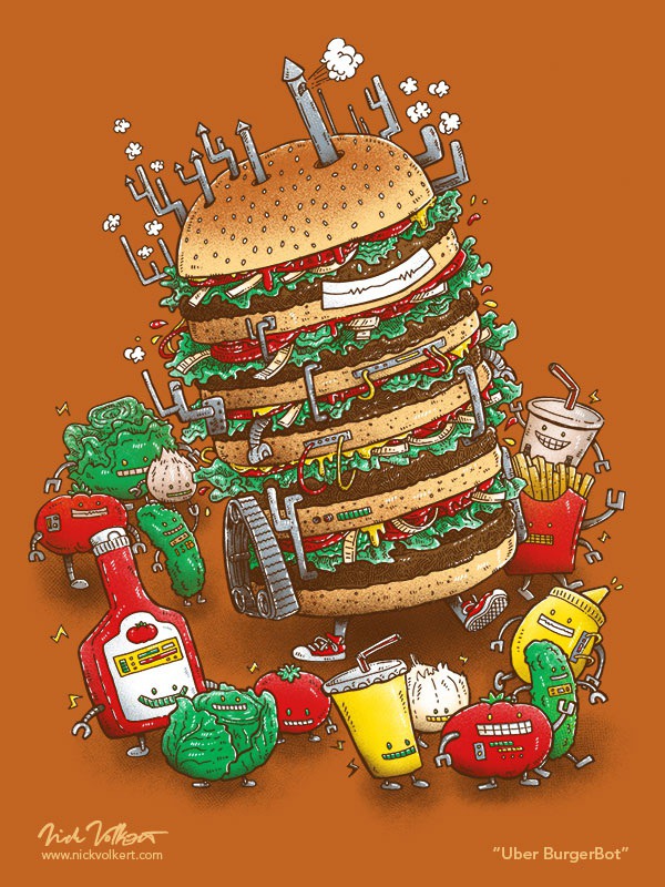 A big stack of robotic burgers and condiments coming your way! Grilling season is here! #robot #robotic #hamburger #cheeseburger #burger #grilling #ketchup #mustard #pickle #lettuce #illustration #illustrator #penandink #summer #grillingseason