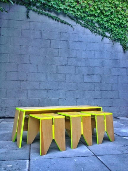 Stack Stools with Stack Bench by Kahokia Design, Brooklyn, NY. #ny #new #bench #stool #wood #paint #furniture #kahokia #stools #york #nyc #plywood #seating #brooklyn #neon