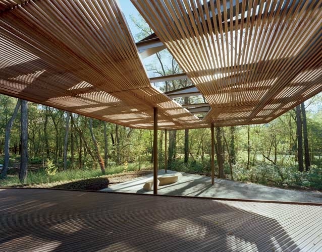 Ruth Lilly Visitors Pavilion by Marlon Blackwell #slats #pavilion #shadestructure