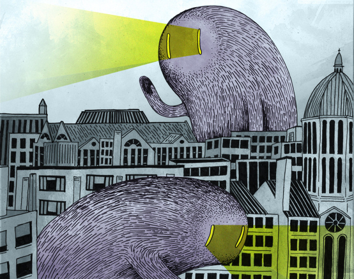 This is a drawing of the view from my new D.C. apartment roof top (minus the friendly, laser-eyed, hairy monsters)... www.anditisgood.com #dc #of #monsters #illustration #art #dupont #circle #district #skyline #columbia