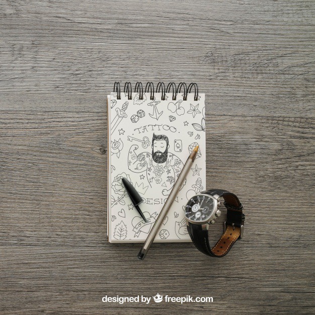 Notepad and watch Free Psd. See more inspiration related to Mockup, Paper, Clock, Doodle, Pencil, Pen, Mock up, Watch, Notes, Notepad, Up, Male, Note paper, Objects, Things, Composition, Mock and Masculine on Freepik.