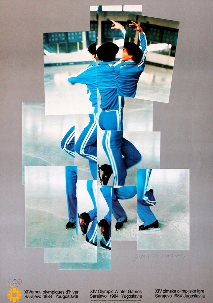 1984 Olympic Winter Games Sarajevo official poster designed by David Hockney XIV Olympic Winter Games, Sarajevo, 1984 Offset lithograph 33. #yugoslavia #hockney #games #skating #vintage #poster #olympics #david #winter