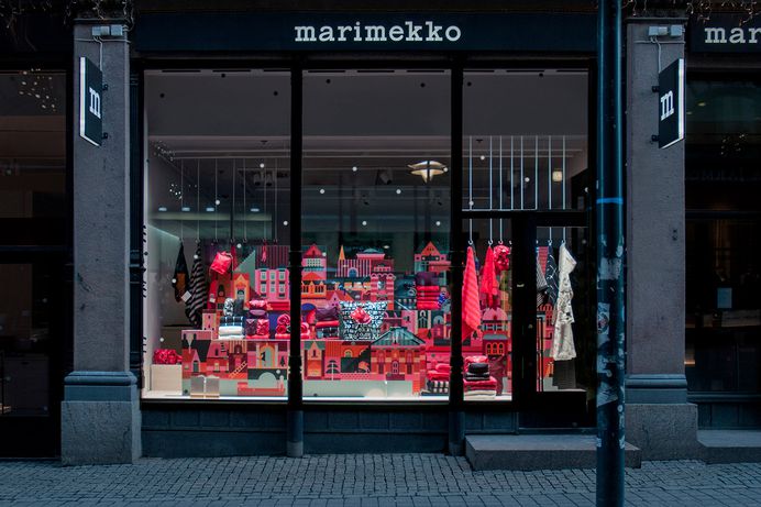 Lotta Nieminen designed the holiday campaign for Marimekko, the iconic home furnishings, textiles, and fashion company based in Finland. Inspired by the cheerful and warm colours of Marimekko's new winter collection, the illustration showcases a colourful city preparing for the holidays. For more of the most beautiful designs visit mindsparklemag.com