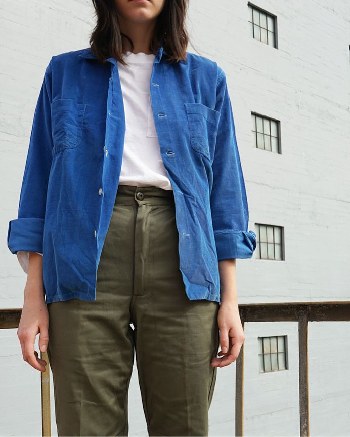 Original 1960’s indigo cord button up. Sz 2-4 and $36 + shipping. Paired with high waisted military trousers. Waist Sz 26” and shown on Sz 2. Longer inseam and great for taller gals or can also be easily hemmed. $62 + shipping. First to comment with postal code for purchase. SHIRT SOLD. IT’S A SHIRT NOT JACKET LOL pants available tho