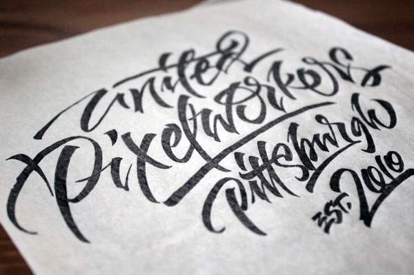 Calligraphi.ca — United Pixelworkers, Tombow Dual brush pen + Pilot gel pen, rice paper — Sergey Shapiro #script