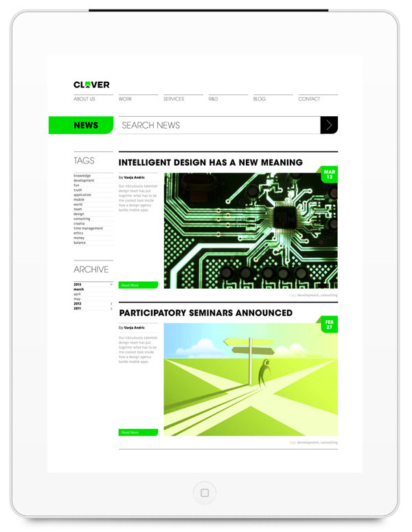 The digital+print visual identity for Clover, a mobile development studio from Zagreb, Croatia. MORE AT > https://www.behance.net/gallery/1 #luck #croatia #fresh #design #clean #digital #brand #behance #identity #zagreb #web #green
