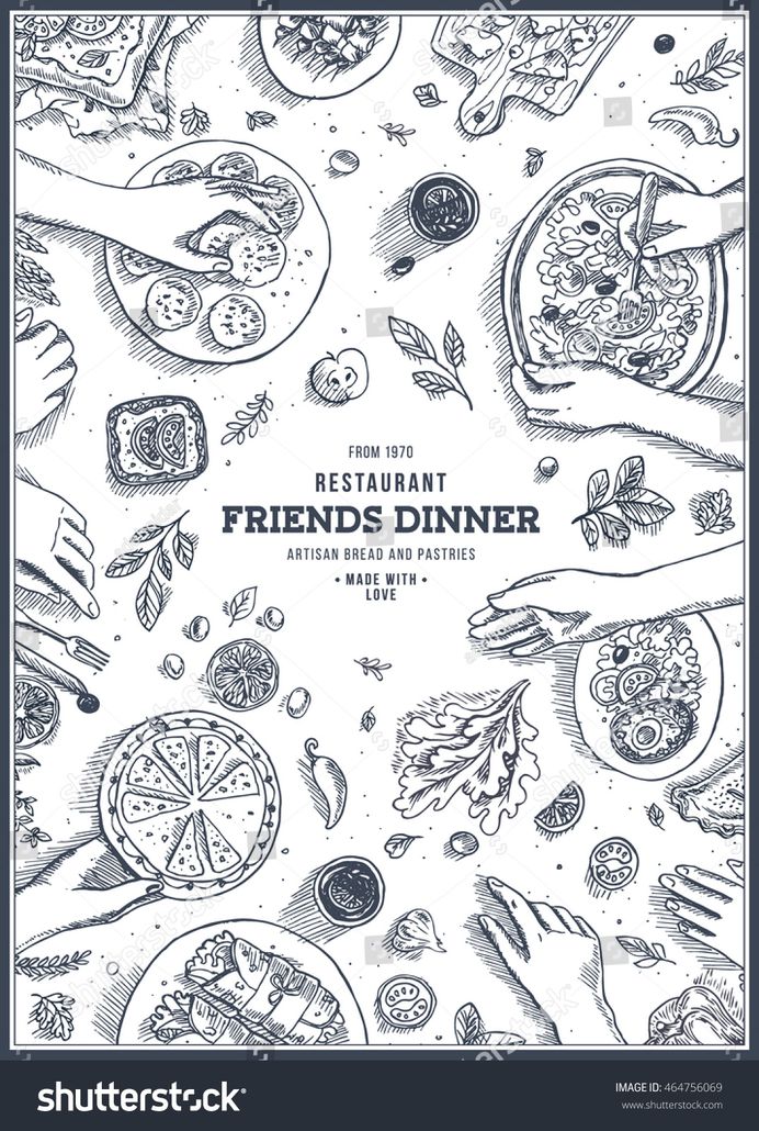 Family dinner top view illustration. Dinner table background. Engraved style illustration. Hero image. Vector illustration