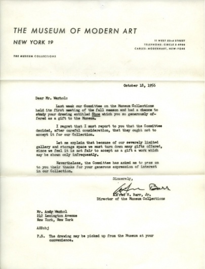 Design Fodder (Andy Warhol's MoMA Rejection Letter) #andy #warhol #moma #letterhead #rejection